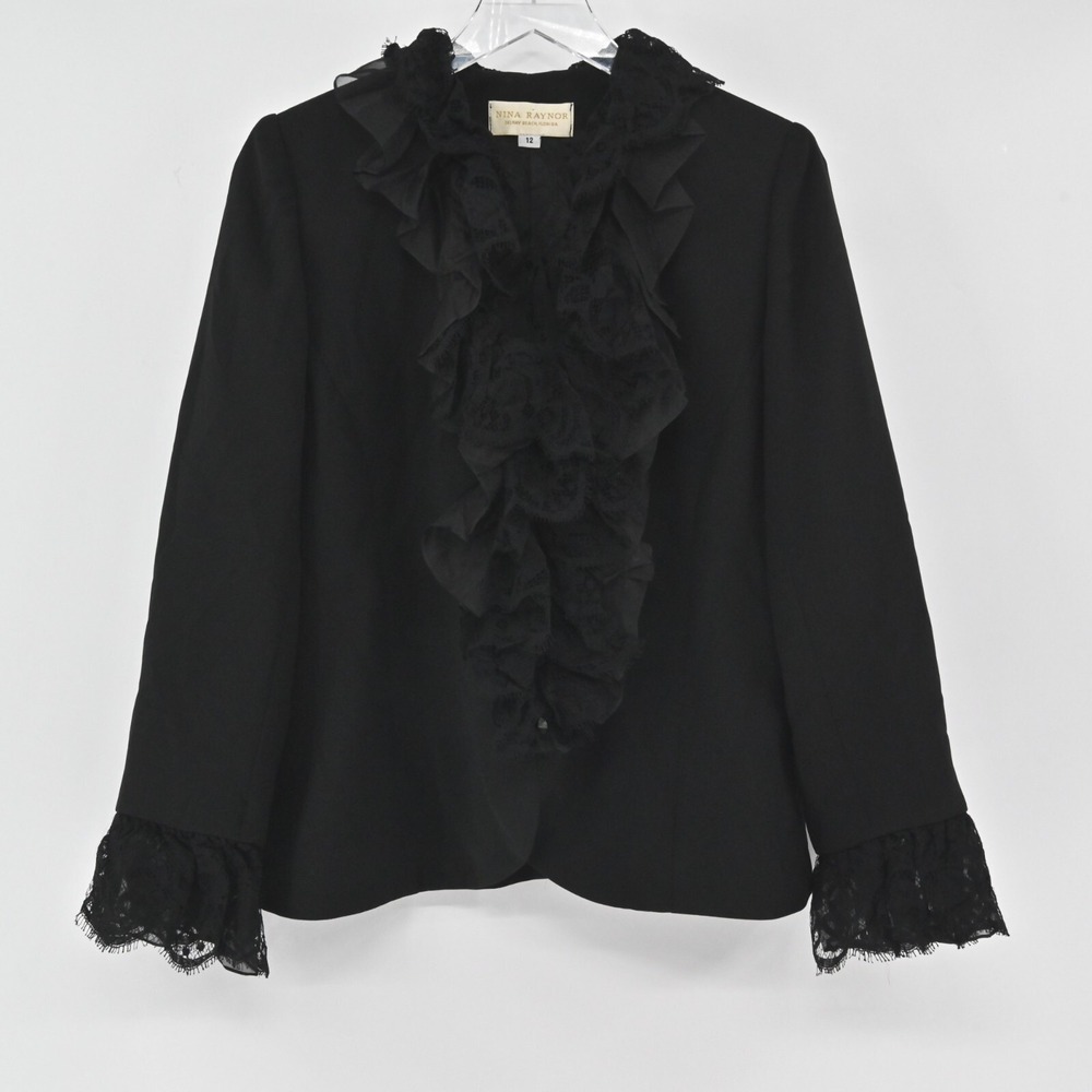 Nina Raynor Ruffle Lace Blazer Womens Size 12 Black Victorian Gothic Vintage
